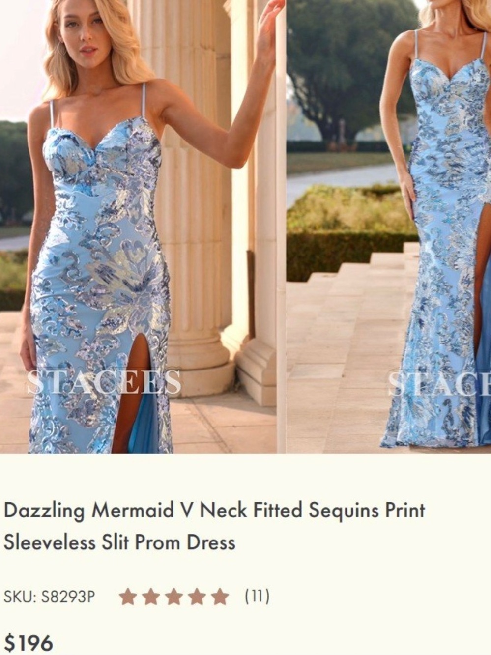 Stunning Stacees Blue Sequin Mermaid Prom Dress with High Slit
